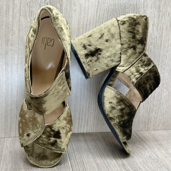 CAbi Sandals Womens 7 Interlock Block Heel Crushed Velvet Open Toe Moss Green - Picture 7 of 13